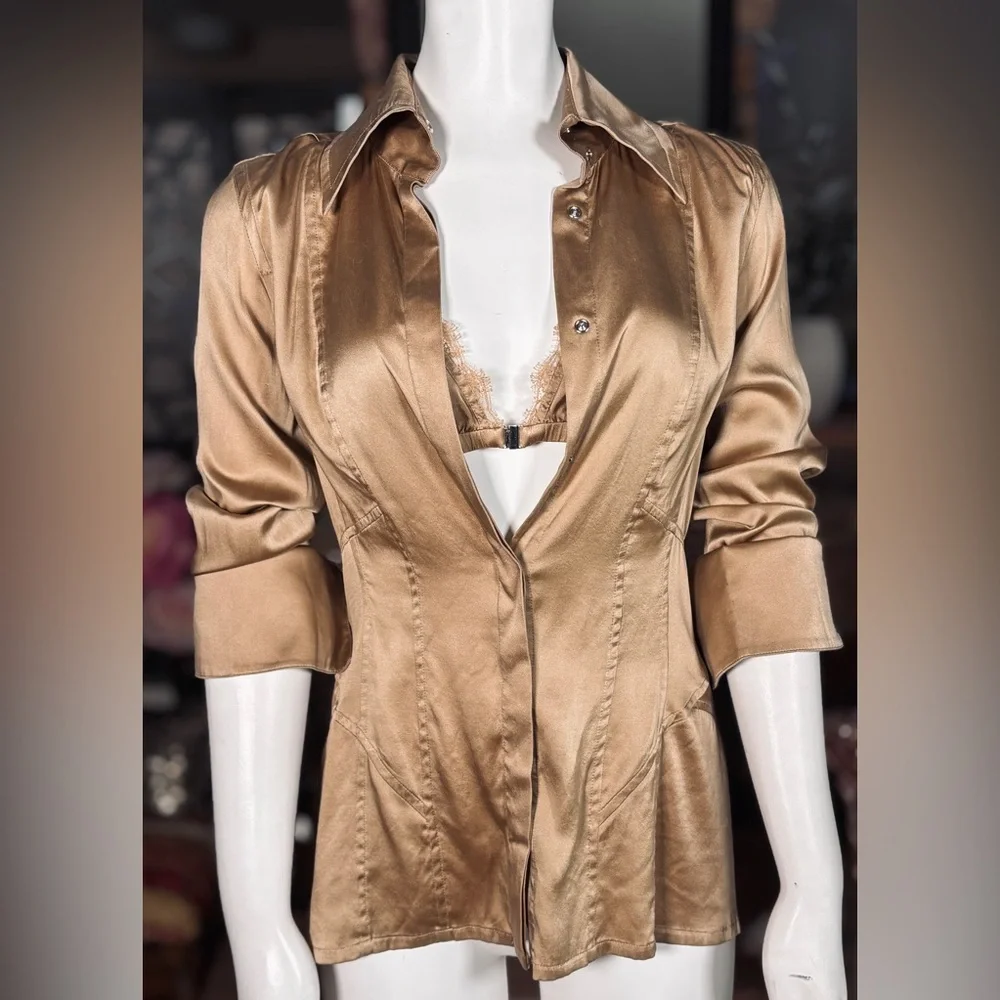 Kaufmanfranco Tan Stretch Silk Button Down Collared Blouse w/ Lace Bralette Sz 8 - Picture 2 of 11
